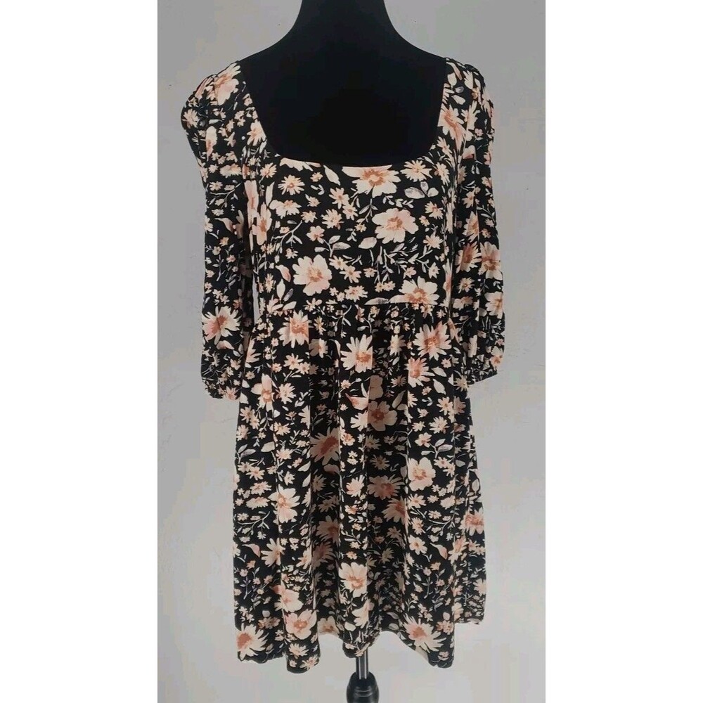 American‎ Eagle 3/4 Sleeve Black Floral Boho Peasant Mini Dress Size Small